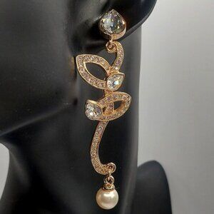 Gorgeous Swarovski Crystal Pearl Dangle Earrings 3.5" Drop New in Box Stunning